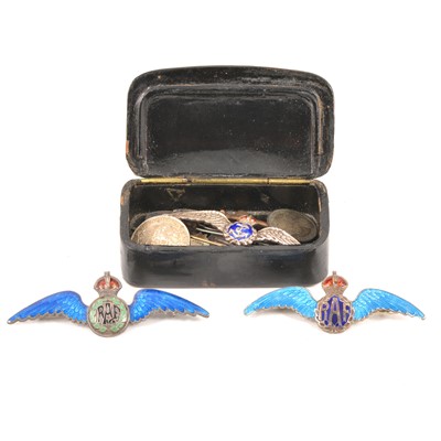 Lot 228 - A collection of RAF sweetheart brooches, cufflinks and a French papier mache snuff box.