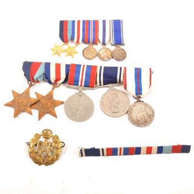 Lot 178 - WWII medal, cap badges, pins, commemorative crown