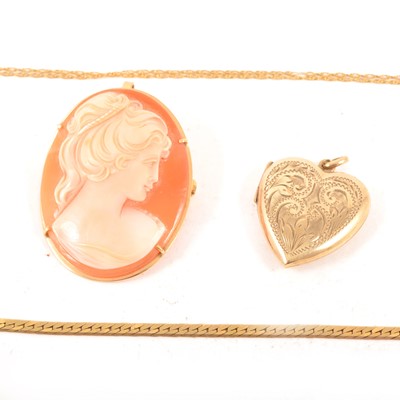 Lot 212 - A 9 carat yellow gold locket, cameo brooch, bracelet and pendant and two chains.