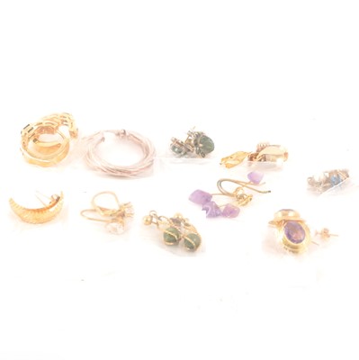 Lot 208 - A collection of earrings for pierced ears, cultured pearl studs, amethyst, hoop etc