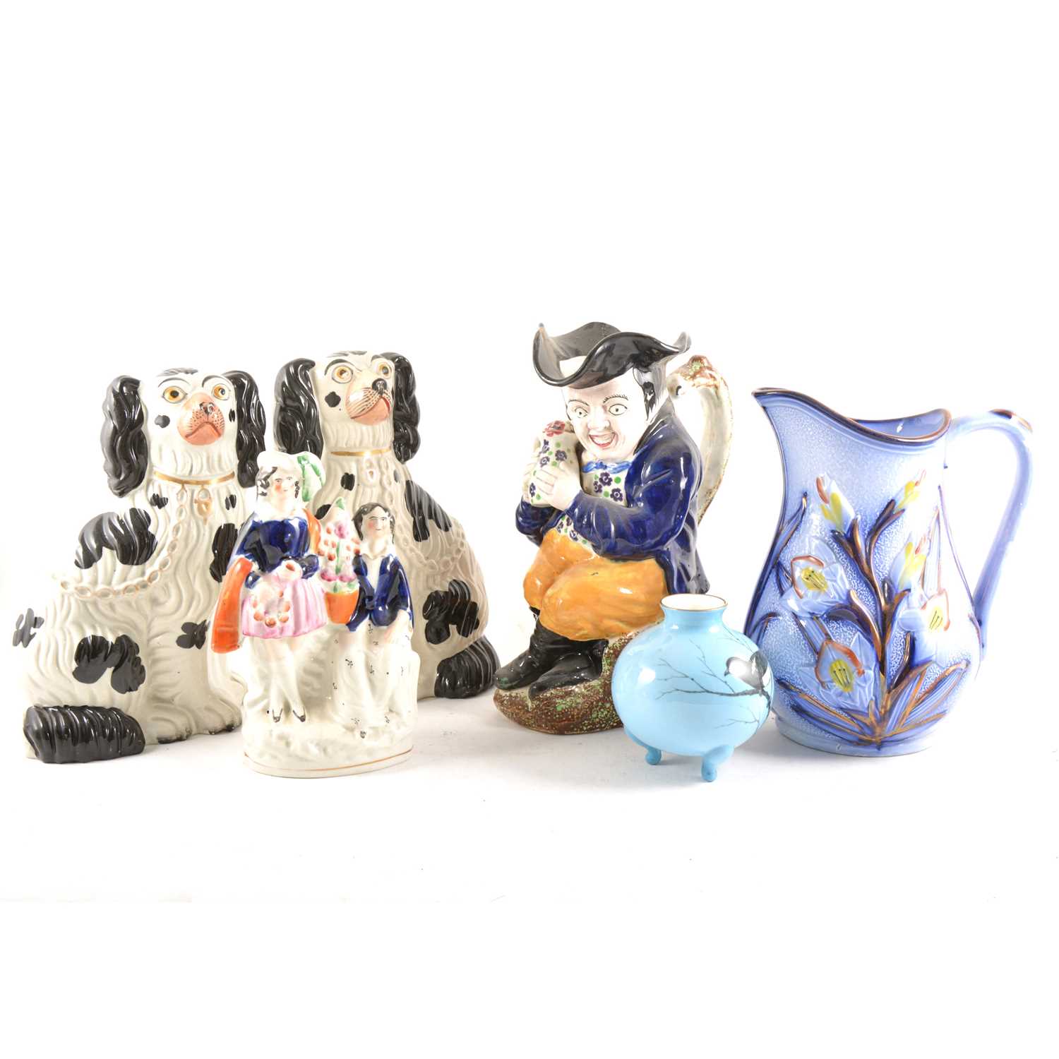 Lot 91 - Pair of Staffordshire dogs, modelled as seated King Charles Spaniels, etc
