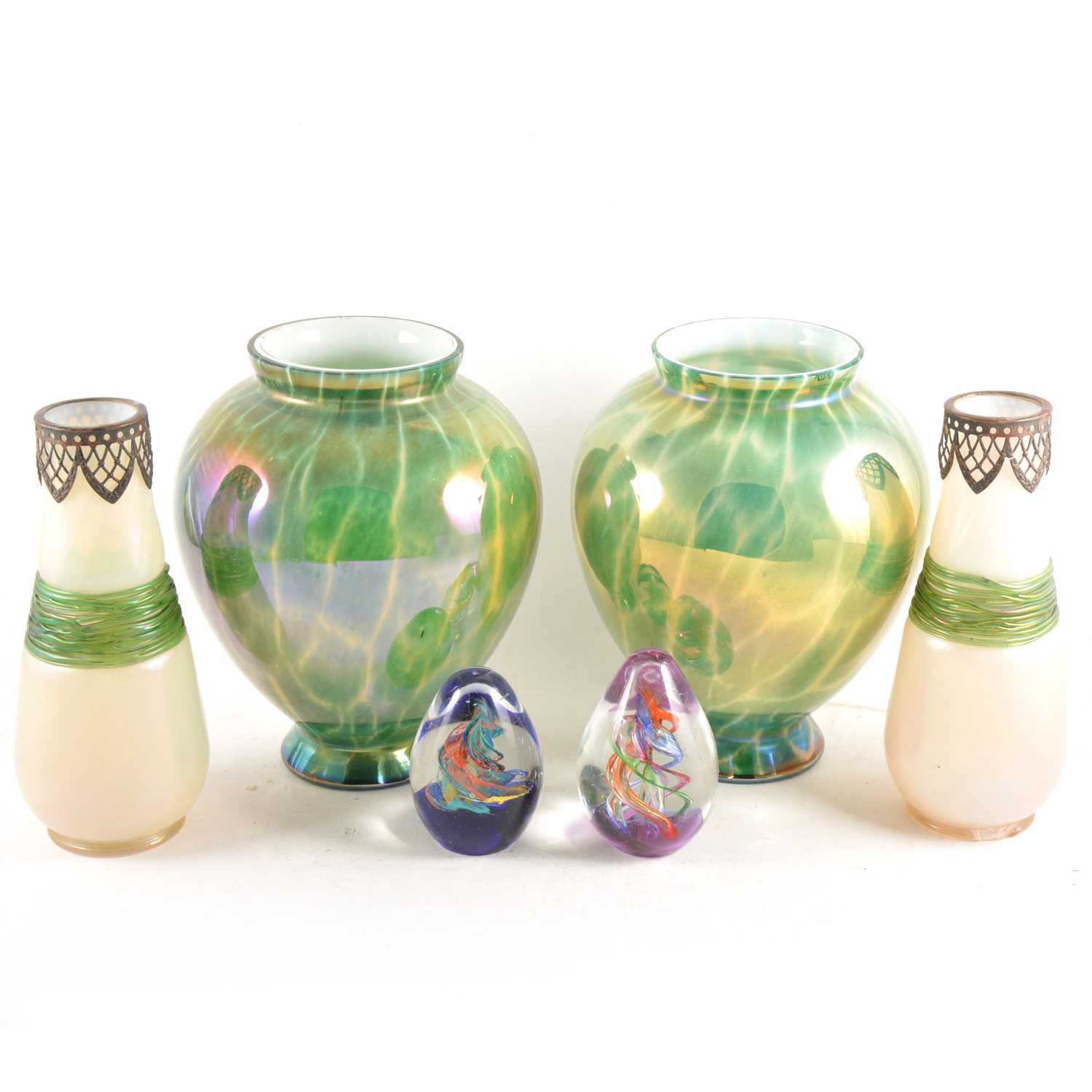 Lot 92 - Pair of iridescent glass vases and other decorative glass