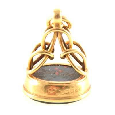 Lot 202 - An 18 carat yellow gold seal set with an oval bloodstone intaglio carved with an initial B