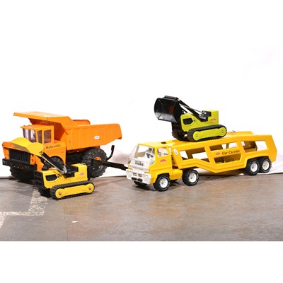 Lot 206 - Tonka Toys; four vehicles including car transporter, two T-6 diggers and a hydraulic truck.