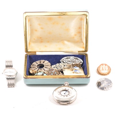 Lot 224A - A box of costume jewellery and watches, paste set brooches, a silver demi hunter pocket watch, Seiko watch