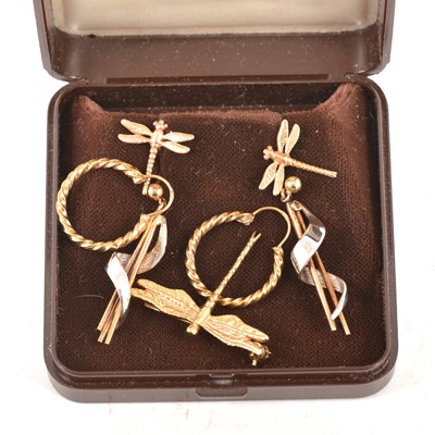 Lot 206 - A 9 carat yellow gold dragonfly brooch and similar earrings, two pairs of other earrings.