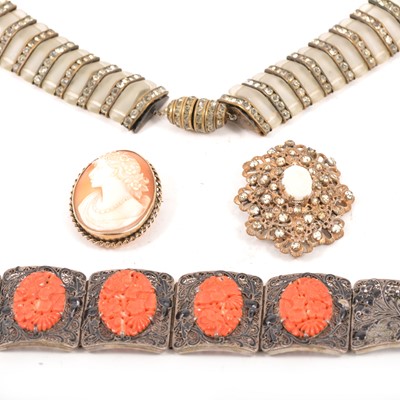 Lot 223 - A vintage necklace, Chinese silver bracelet, cameo brooch and opal brooch.