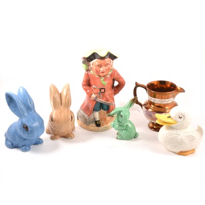 Lot 76 - A Sylvac long-eared green rabbit, a blue and beige bunny, white duck, etc