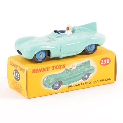 Lot 80 - Dinky Toys; no.238 Jaguar Type D racing car, turquoise body, blue ridged hubs, in original box.