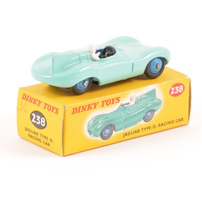 Lot 80 - Dinky Toys; no.238 Jaguar Type D racing car, turquoise body, blue ridged hubs, in original box.