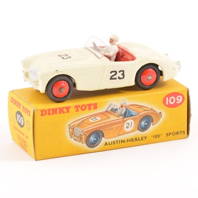 Lot 89 - Dinky Toys; no.109 Austin-Healey 100 Sports, white body, red seats, red ridged hubs, in original box.