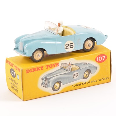 Lot 90 - Dinky Toys; no.107 Sunbeam Alpine Sports car, light blue body, cream seats, cream ridged hubs, in original box.