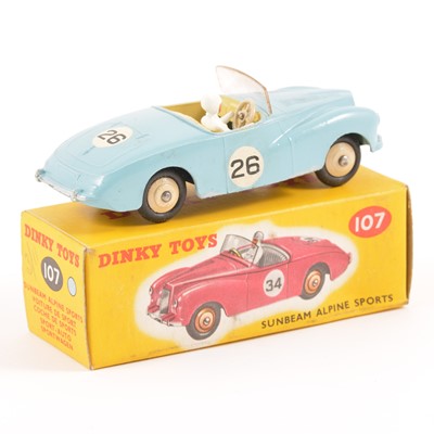 Lot 90 - Dinky Toys; no.107 Sunbeam Alpine Sports car, light blue body, cream seats, cream ridged hubs, in original box.