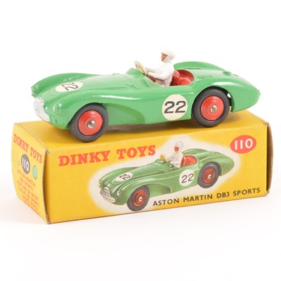 Lot 91 - Dinky Toys; no.110 Aston Martin DB3 Sports car, green no.22 body, red seats, red ridged hubs, in original box.