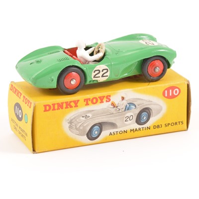 Lot 91 - Dinky Toys; no.110 Aston Martin DB3 Sports car, green no.22 body, red seats, red ridged hubs, in original box.