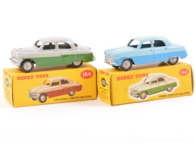 Lot 92 - Two Dinky Toys; no.164 Vauxhall Cresta Saloon, two-tone grey and green body, grey ridged hubs, no.162 Ford Zephyr Saloon