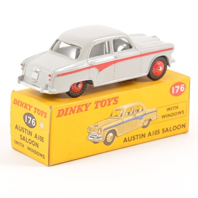 Lot 96 - Dinky Toys; no.176 Austin A105 Saloon, light grey body with red stripe, red ridged hubs, in original box.