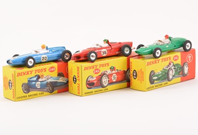 Lot 100 - Three Dinky Toys; no.240 Copper racing car, no.241 Lotus racing car, no.242 Ferrari racing car, all boxed