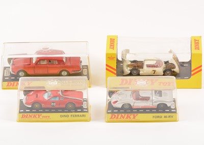 Lot 104 - Four Dinky Toys; no.215 Ford GT racing car, no.158 Roll-Royce, no.132 Ford 40-RV, no.216 Dino Ferrari