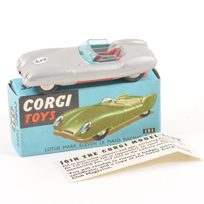 Lot 118 - Corgi Toys; no.151 Lotus Mark Eleven Le Man racing car, silver body, in original box with club leaflet.