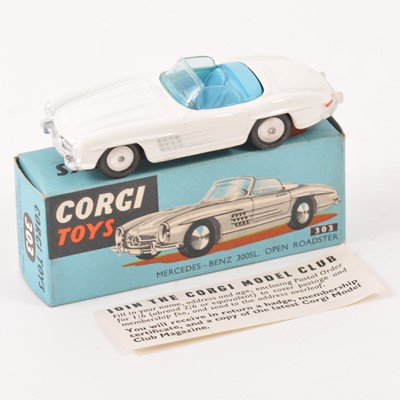 Lot 119 - Corgi Toys; no.303 Mercedes-Benz 300SL, open roadster, white body, light seats, in original box with club leaflet.
