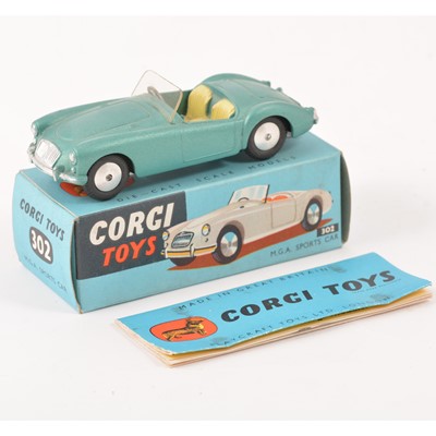 Lot 127 - Corgi Toys; no.302 M.G.A Sports car, green body, spun hubs, cream seats, in original box and booklet.