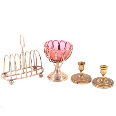 Lot 173 - A silver-rimmed cruciform decanter, a Liberty & Co pewter box, and a collection of silver-plated items