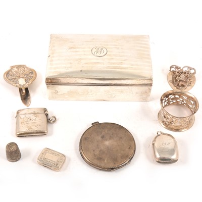 Lot 168 - Two silver vesta cases, silver compact, napkin ring, vinaigrette, cigarette box, clips etc.