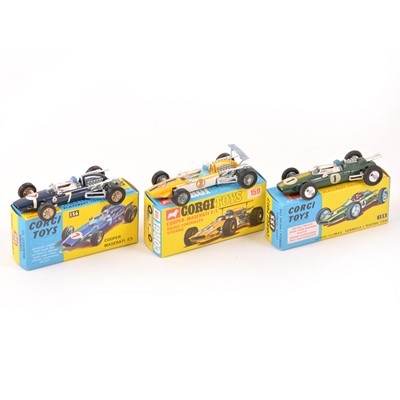 Lot 130 - Three Corgi Toys; no.155 Lotus-Climax Formula 1 racing car, no.156 Cooper Maserati F1, no.159 Cooper-Maserati F1, in original boxes.