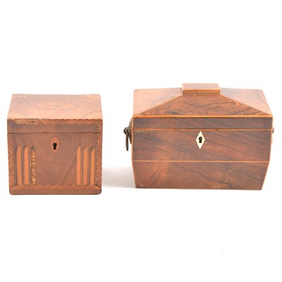 Lot 206 - George III mahogany and marquetry tea caddy, and a Victorian caddy