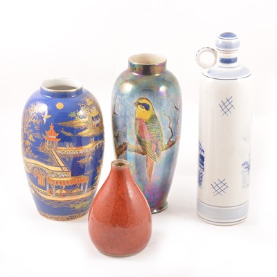 Lot 63 - A Carlton Ware blue ground chinoiserie vase, Kiralpo lustre vase, modern Delft and a studio pottery vase.