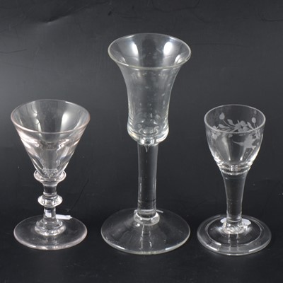 Lot 20 - A  wheel-engraved cordial glass and two wine glasses