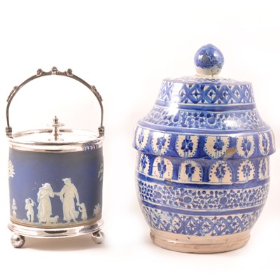 Lot 3 - A Wedgwood blue jasperware biscuit box, and a Continental storage jar