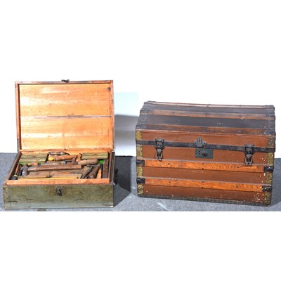 Lot 594 - A banded domed trunk, wooden box and quantity of old tools.