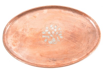 Lot 237 - Hugh Wallis, an arts and crafts oval copper tray with floral pewter inlay, 50cm x 33cm.