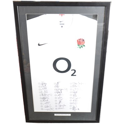 Lot 441 - An England Rugby Squad Shirt - 2012, verses Fiji, Australia, South Africa, New Zealand, framed and glazed.