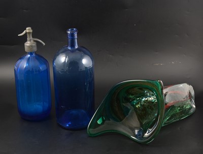 Lot 103 - An Art Glass vase, blue soda siphon and other glassware.