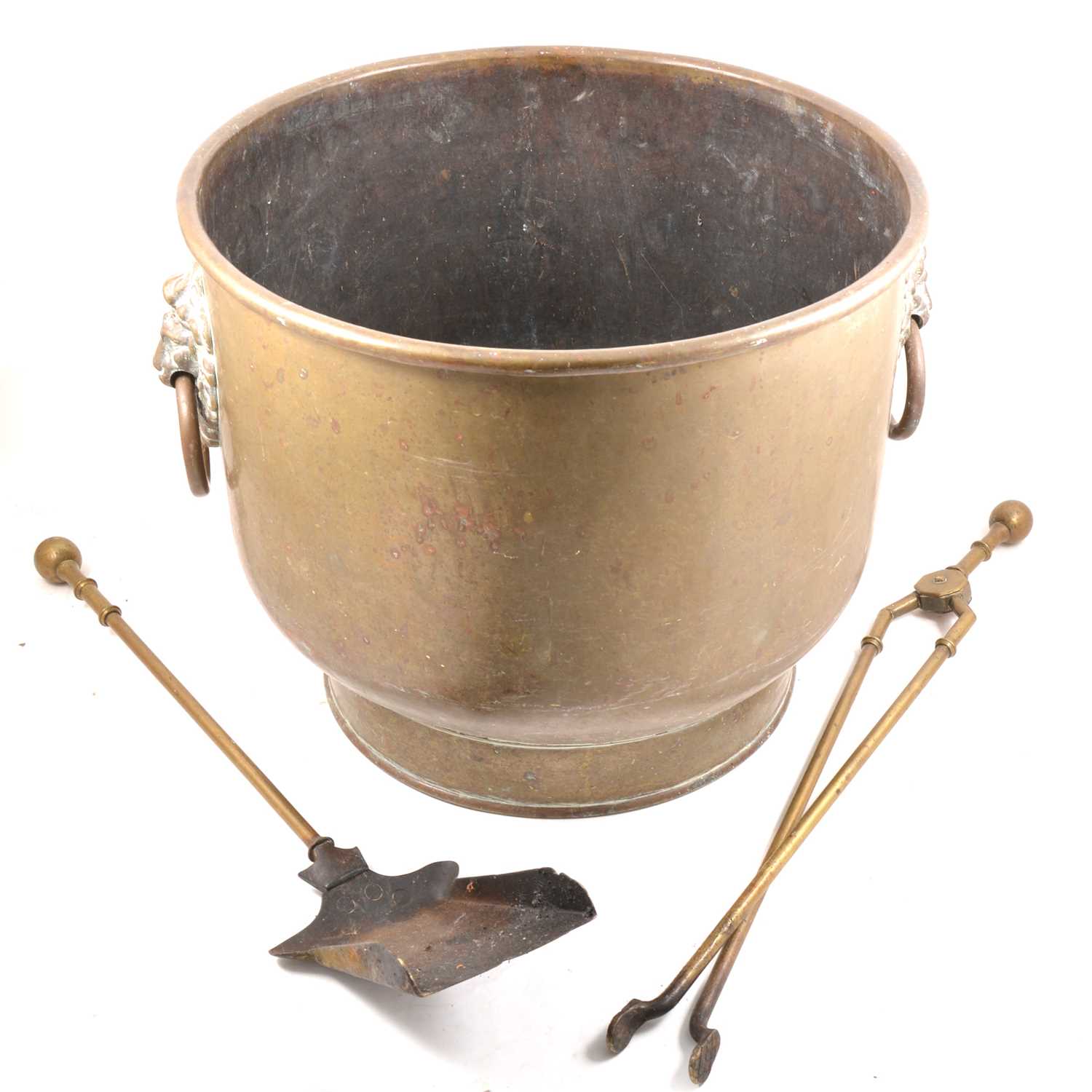 Lot 560 - Brass log bin and three fire irons