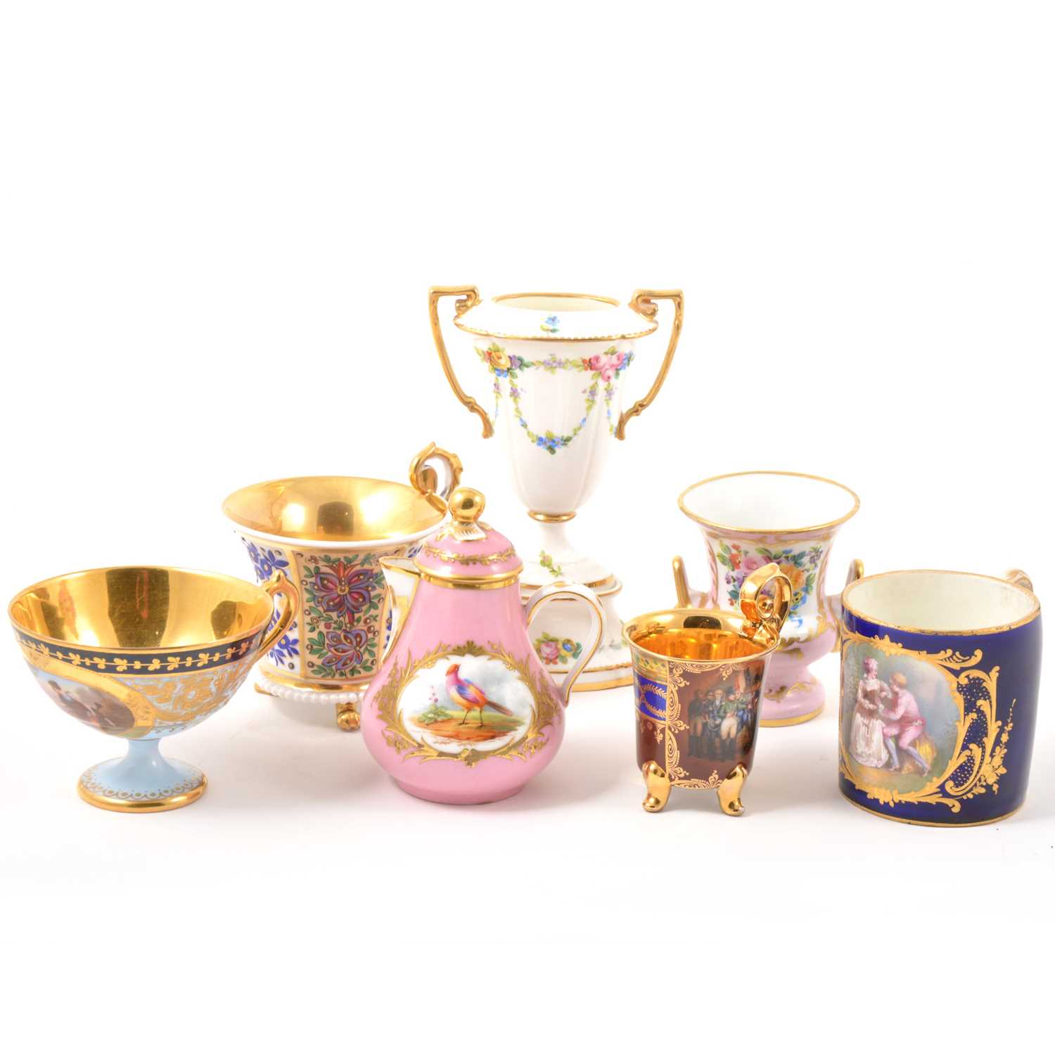 Lot 19 - Vienna porcelain vases, cabinet cups, miniature coffee pot.