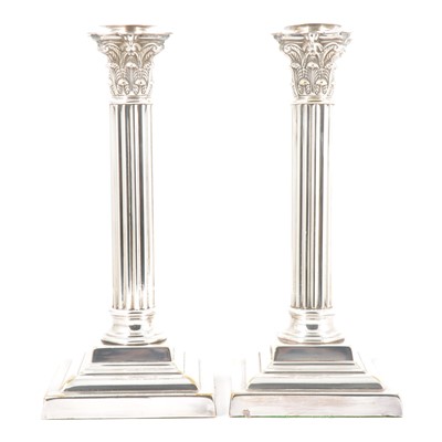 Lot 168 - Pair of silver plated Corinthian column candlesticks, etc