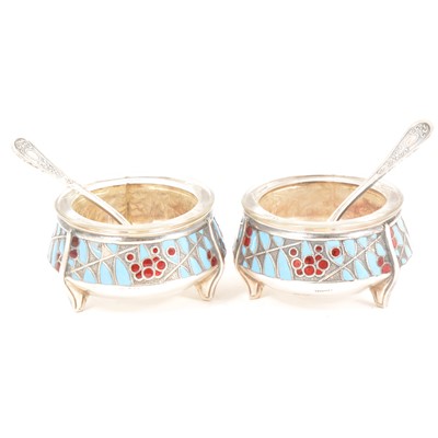 Lot 185 - Pair of Russian white metal and enamelled salts and spoons