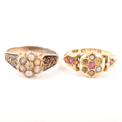 Lot 182A - Two Victorian/Edwardian dress rings, a seed pearl ring with enamelled shoulders