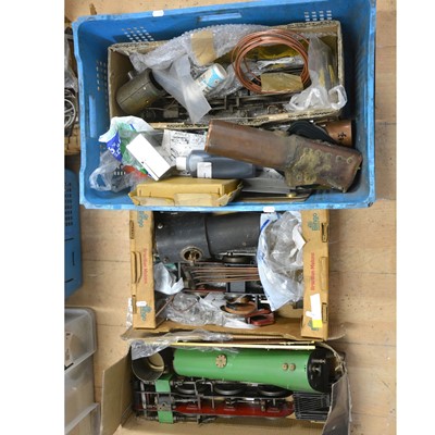 Lot 15 - Three boxes of live steam railway parts and spares; including boiler parts/bodies, two locomotive chassis on 2.5inch gauge etc