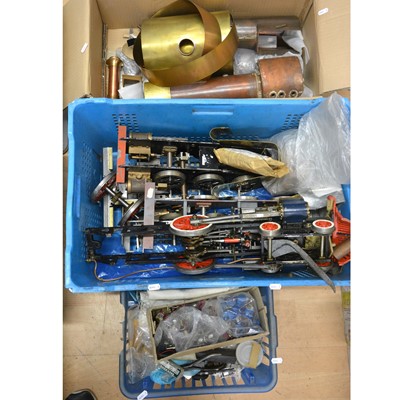 Lot 17 - Three boxes of live steam railway parts and spares and part built models; including five locomotive chassis, 2.5inch gauge and 3.5inch gauge