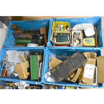 Lot 19 - Six boxes of live steam railway parts and spares; including 2.5inch gauge and 3.5inch gauge wagon chassis etc