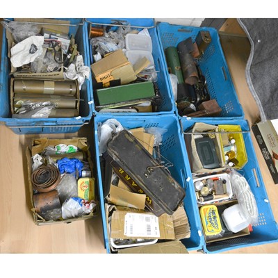 Lot 19 - Six boxes of live steam railway parts and spares; including 2.5inch gauge and 3.5inch gauge wagon chassis etc