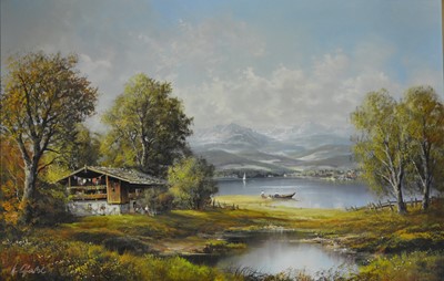 Lot 344 - E Glasse - Alpine landscape with a chalet and lake beyond.