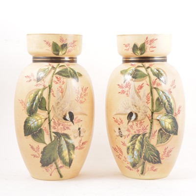 Lot 92 - Pair of Edwardian painted glass vases.