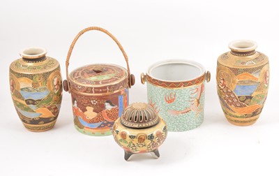Lot 109 - Three pairs of Japanese Satsuma vases, a pot pourri vase, biscuit barrel with cane handle, twin handled vase.