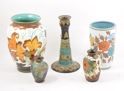 Lot 143 - A collection of Gouda pottery, a 27cm Carlos Royal vase, a Flora Gouda Irene vase 22cm